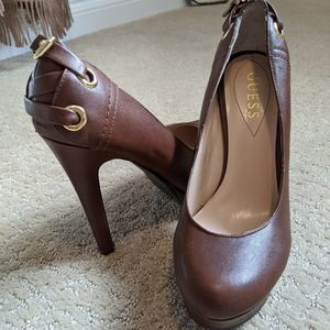 Brown Guess Heels with Golden Buckles